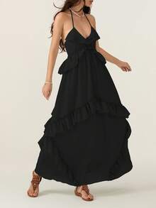 Vestido largo bohemio de verano para mujer sin mangas, con cuello halter de escote profundo en V, volantes superpuestos y falda fluida y vaporosa para la playa - Negro - Ver 6