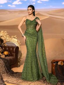 Faeriesty Haute Glamour 奢华亮片单肩披肩晚礼服 - 戏剧性的不对称，透明的覆盖层和美人鱼轮廓，高开衩和合身腰部，适合豪华宴会和迷人活动