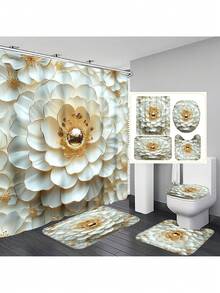 1pc/4pcs Premium 3D Embossed Floral Bathroom Curtain & Mat Set, Modern Minimalist Shower Curtain 70.8x70.8in With 12 Hooks, Non-Slip Bath Mat, U-Shaped Toilet Lid Cover, Bathroom Decor, Bath Accessories, Home Furnishing Christmas Decor