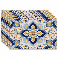 A Set Of 4/6pcs With Blue Patterns, Table Placemats, Made Of Machine Washable Polyester Fiber, This Rectangular Heat-Resistant Placemat Is Heat-Resistant, Stain Resistant, Waterproof, And Easy To Clean. It Is Suitable For Desktop Decoration, Holiday Party Decoration, And Desktop Protection, And Is Suitable For Both Home And Outdoor Use