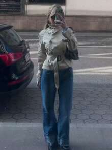 女式短款双排扣风衣 - 卡其色缺口领长袖外套，腰带系带，街头风格春秋休闲外套