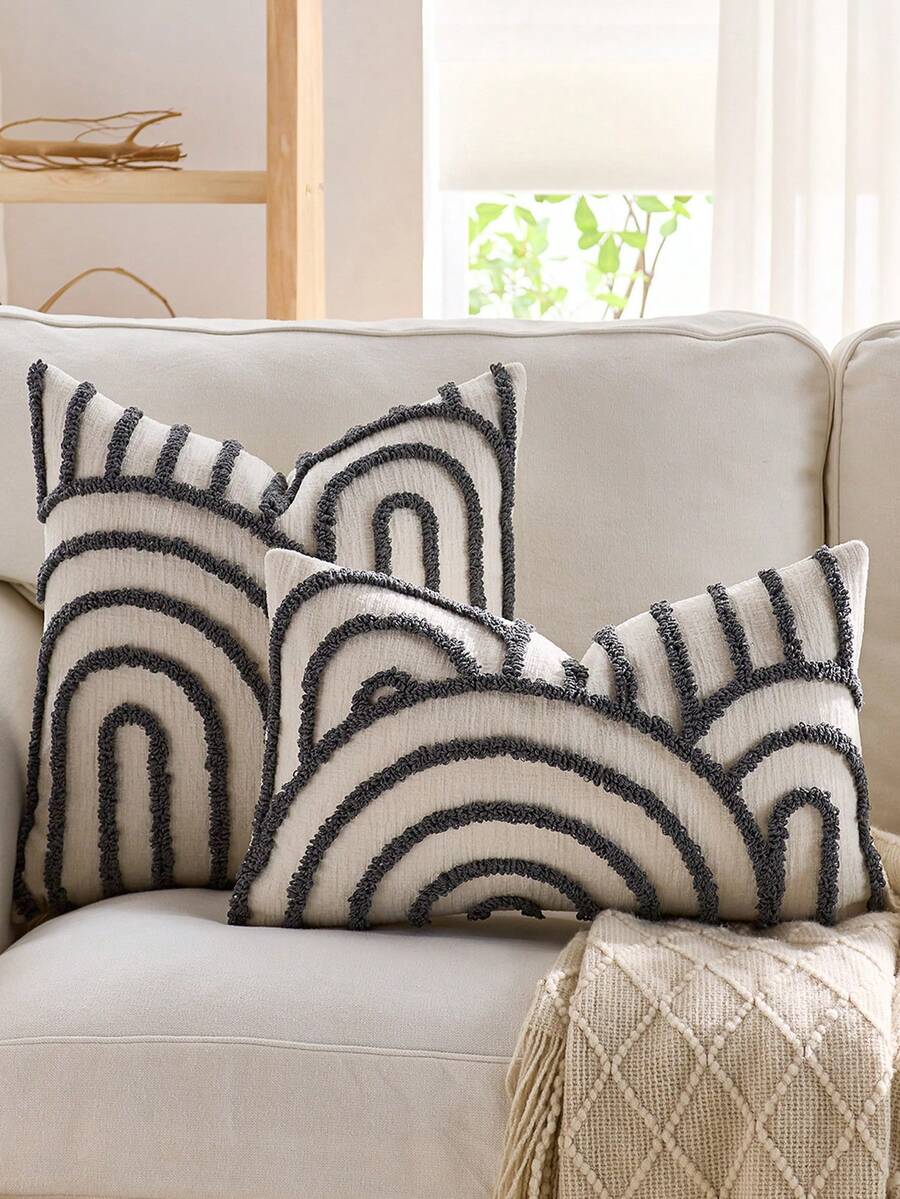 Cirelle 1 Stück/2 Stück Set Halbkreis geometrisches Muster Kissenbezug, Leinwand Kreis Samt Stickerei gefertigter quadratischer Kissenbezug, für den täglichen Gebrauch in Schlafzimmer, Wohnzimmer, Sofa, Hof, Gartendekoration, ohne Kern 30*50cm 45*45cm, Herbstdekoration, Raumdekoration