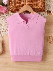 Girls' Loose Polo Collar Knit Short Sleeve Top - Pink - View 1