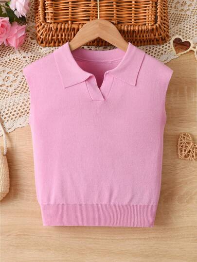 Girls' Loose Polo Collar Knit Short Sleeve Top