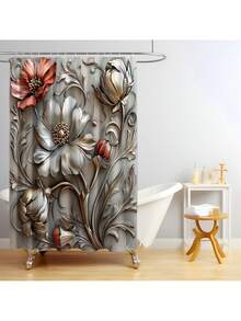 1pc/4pcs Premium 3D Embossed Floral Bathroom Curtain & Mat Set, Modern Minimalist Shower Curtain 70.8x70.8in With 12 Hooks, Non-Slip Bath Mat, U-Shaped Toilet Lid Cover, Bathroom Decor, Bath Accessories, Home Furnishing Christmas Decor