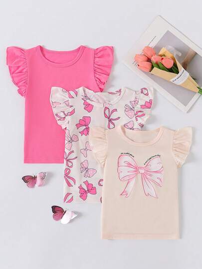 3pcs Girls Valentine's Day Casual Heart Cap Sleeve Solid Color Top Set