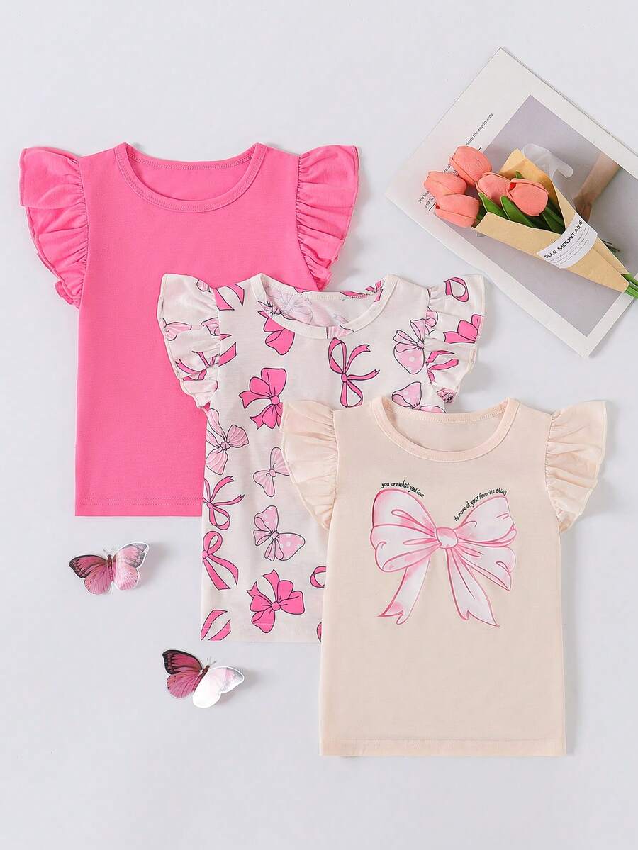 3pcs Girls Valentine's Day Casual Heart Cap Sleeve Solid Color Top Set - Hot Pink - View 1