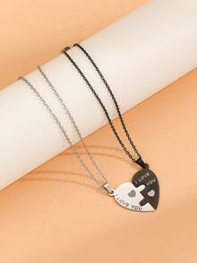 ATLVXJL 2pcs/Set Couple Kissing Love Jigsaw & ILOVEYOU Letter Stainless Steel Decorative Pendant Necklace, Casual Couple Jewelry Suitable For Daily Wear & Valentine's Day Gift - Multicolor - View 1