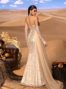 Faeriesty Vestido de noche elegante con escote de lentejuelas con efecto de esmalte, con cobertura de manga desprendible, panel lateral asymmétrico y vestido de Mermaid con abertura alta en el muslo - perfecto para galas de corbata negra, recepciones de boda de lujo, eventos de alfombra roja, fiestas de Año Nuevo, bailes ejecutivos de caridad