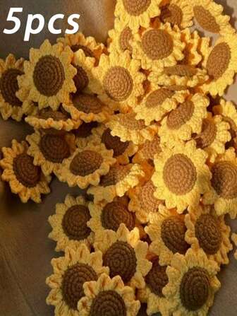 5 Pieces Handmade Crochet Sunflower Knitted Lace Wall Hanging, Bright Yellow Yarn Flower Wall Decoration With Brown Center For Bohemian Room Home Wall Decor, DIY Crafts And Keychain Accessories Room Decor Bedroom Decor Home Decor