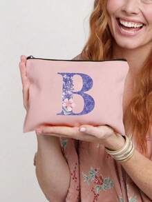 A-Z Floral Print Cosmetic Bag, Gift For Girls, Cute Retro Minimalist Alphabet Pattern Print Storage Pouch, Makeup Bag, Small Items Organizer, Cosmetic Bag, Toiletry Bag, Clutch, Lightweight Foldable Organizer, Minimalist Shopping Bag, Teacher Gift Clutch, Nurse/Doctor/Teacher Storage Pouch, Suitable For Personal Travel Makeup Storage, Travel Essential, Vacation/Back To School Supplies Bag, Women Travel Cosmetic Bag - Pink - View 6