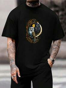 Camiseta de Pareja de Búhos Elegantes - Diseño Gótico de Pájaros en la Luz de la Luna, Camiseta Gráfica Única, Top Casual de Algodón para Hombres y Mujeres - Regalo Perfecto para Amantes de los Búhos, Búhos Nocturnos, Maridos y Mujeres - Negro - Ver 1