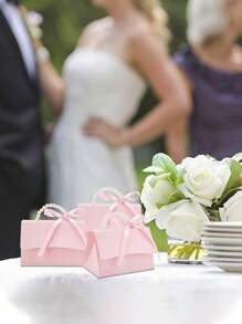 10 Sets- Wedding Favor Boxes DIY Set,Pink Kraft Boxes With Pearl Handles,Ribbons,Stickers,Birthday,Party Favors,Boutique,Wedding And Anniversary Gift Boxes For ,Babyshower Party Decorations,