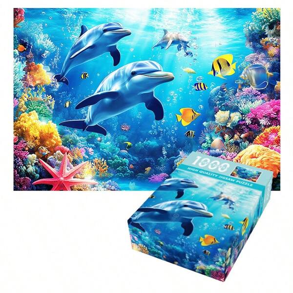 1000 PIEZAS Puzzle de la Noche Estrellada, juguetes de rompecabezas mini para descompresión con piezas de rompecabezas y papel de dibujo, mejor regalo para adultos con obras de arte y juego familiar - Cielo Estrellado - Cabaña a la luz de la Luna - Delfines - Puzzle del Mundo Oceánico - Puzzle de Alta Dificultad - Ocio y Alivio del Estrés - Regalos