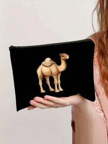 1pc Camel Themed Printed Zipper Makeup Bag, Large Capacity Cosmetic Bag, Skincare Products Storage Pouch, Travel Makeup Bag, Solid Color Zipper Pouch, Suitable For Wedding, Vacation, Makeup, Skincare Storage, Gift Giving, Travel Essential, Back To School, Student Stationery Bag, Travel Bag, Women Travel Cosmetic Bag - Multicolor - View 2