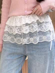 Womens Lace Shirt Extender Flower See Through Tie-Up Half Shirts For Layering Clothing Accessories - trắng - Xem 4