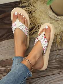 女士人字拖 - 轻便舒适的休闲凉鞋，欧美风格 - 沙滩拖鞋 - 米色 - 查看 6