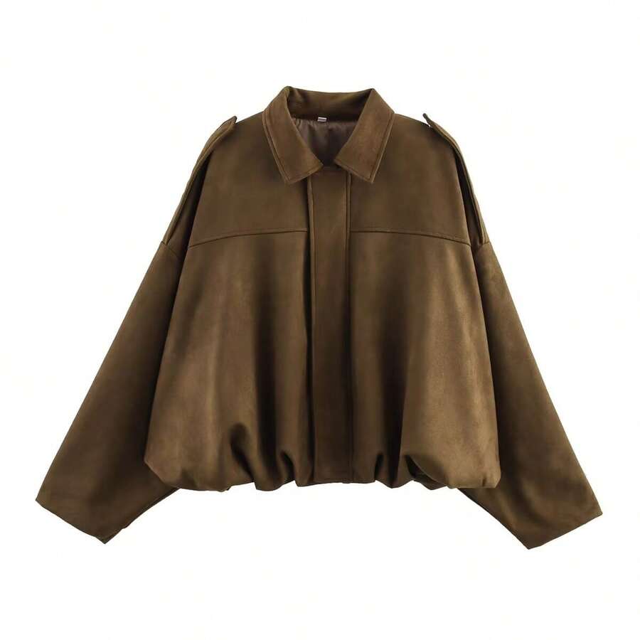 Women's Elegant Chic Lightweight Bomber Jacket, Solid Lapel Snap Front, Zip Pockets, 4-Season For Daily/Beach/Wedding/Graduation, Summer Brown