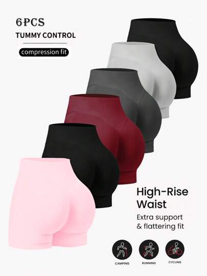 Set de 6 shorts deportivos sin costuras, elásticos, que levantan el trasero, para correr, entrenar, hacer fitness, yoga y actividades al aire libre, adecuados para uso diario y ejercicio, de unicolor, shorts deportivos, shorts tipo ciclista, para primavera y verano