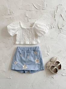 2pcs/Set Newborn Baby Girl White Princess Super Short Puff Sleeve T-Shirt + Floral Embroidery Shorts, Summer