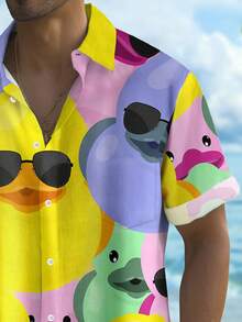 Áo sơ mi nam tay ngắn cài nút họa tiết vịt Hawaii thường ngày dành cho nam - Màu vàng - Xem 3