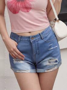 Women's Denim Shorts Stylish Ripped Design Slim Fit Mid Rise Jean Shorts For Summer - 天藍色 - 查看 9
