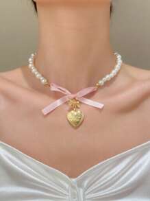 1 Pezzo Collana con ciondolo a cuore rosa francese con fiocco e perle, design esclusivo, dolce e semplice, per la clavicola