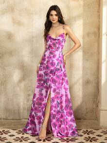 Faeriesty Printing Elegant Floral Chiffon Cami Party Dress With Delicate Neckline & Flowing Skirt – Perfect For Red Carpet Galas, Weddings, Luxury Dinners & Art Gallery Events - Hot Pink - View 5
