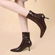 French Style Short Boots Elastic Thin Boots Women Autumn And Winter New Socks Boots Stiletto Short Boots Pointed High Heels - Brown - View 1