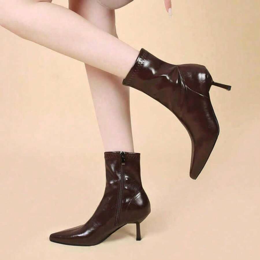 French Style Short Boots Elastic Thin Boots Women Autumn And Winter New Socks Boots Stiletto Short Boots Pointed High Heels - Brown - View 1