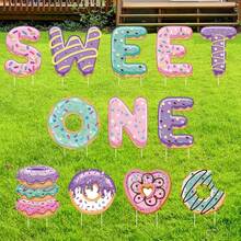 12 piezas de decoraciones para fiesta de cumpleaños de "Primer cumpleaños" con temas de donas, incluye letreros de jardín con estacas. Decoraciones para fiesta de cumpleaños de donas para jardín y decoración. - Multicolor - Ver 6