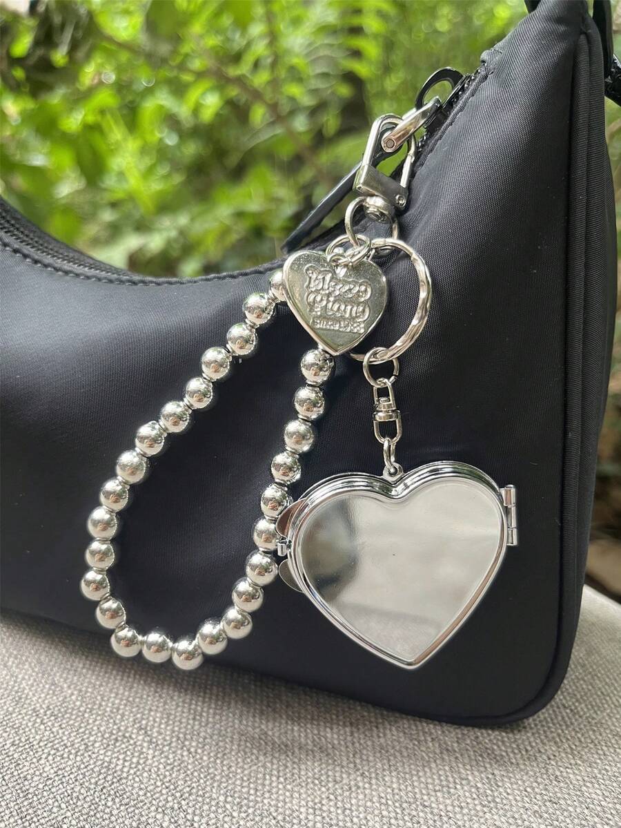 1个心形金属钥匙扣，Y2K风格包包挂饰，甜美别致的时尚配饰 - 銀色 - 查看 1