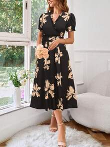 1 件女士休闲收腰波西米亚风格连衣裙，时尚宽松印花 A 字飘逸浪漫优雅连衣裙 - 黑色和黃色 - 查看 5