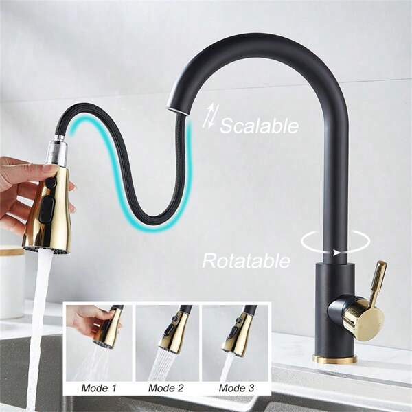1 set de robinet de cuisine rétractable, 3 options de pulvérisation (aéré, doux, nettoyage en puissance), bec pivotant à 360°, mélangeur d'eau chaude et froide, avec le matériel d'installation et la conduite d'alimentation