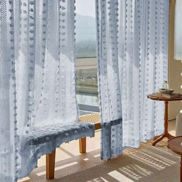 1pc Pom Pom Tulle Curtain, Home Decor