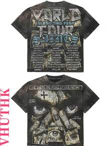 VHUTHK Double Sided Printing (220 Pure Cotton T-Shirt) 'WDRLD' Letter And Portrait Printing For Men's Summer Round Neck Short Sleeved Casual Pure Cotton Printing - 黑色 - 查看 1
