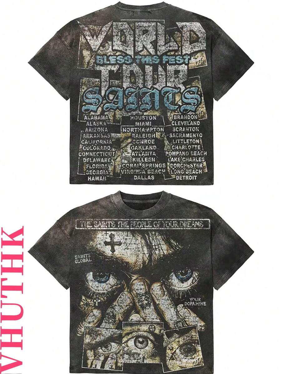 VHUTHK Double Sided Printing (220 Pure Cotton T-Shirt) 'WDRLD' Letter And Portrait Printing For Men's Summer Round Neck Short Sleeved Casual Pure Cotton Printing - 黑色 - 查看 1