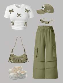 Tween Girl Butterfly Print Short Sleeve Shirt And Cargo Pants - White - View 1