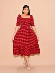 Helena Plaid Crepe Midi Dress With Short Sleeves - Red - View 5