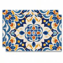 A Set Of 4/6pcs With Blue Patterns, Table Placemats, Made Of Machine Washable Polyester Fiber, This Rectangular Heat-Resistant Placemat Is Heat-Resistant, Stain Resistant, Waterproof, And Easy To Clean. It Is Suitable For Desktop Decoration, Holiday Party Decoration, And Desktop Protection, And Is Suitable For Both Home And Outdoor Use