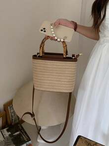 夏季新款女士手提包多色拼接斜挎包编织小号单肩包女士托特包沙滩草编水桶包 - 杏色 - 查看 7