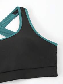 女士纯色抽绳连帽背心，拼色运动胸罩和紧身裤套装，高弹力针织面料，运动套装