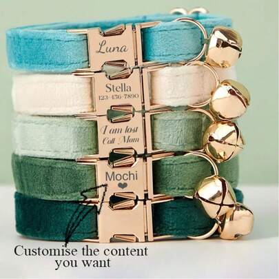 Customized Velvet Cat/Dog Collar Set With Drawstring, Engraved Pet ID Tag, Golden Bell Included, Personalized Pet Gift Decoration, Vintage, Cute, Minimalist, Unique, Personalized Pet Gift For Anniversary, Birthday, Vacation, Outdoor Lifestyle