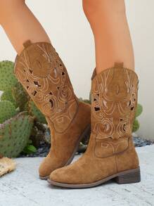 Damen Stiefel bis zur Wade mit Stickerei, neue kurze Stiefel für Frühling/Herbst, Stiefel mit Plateauabsatz im Vintage Stil, Cut Out Western Langstiefel, Sommerstrand