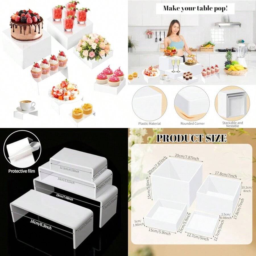 8 Pcs Buffet Risers Large White Acrylic Food Display Riser Boxes Acrylic Food Risers Cube Dert Stand With Hollow Bot For Catering Dert Jewelry Figures Show - White - View 1