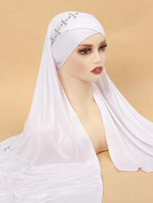 高级缎面交叉缠绕式头巾帽 - 镶钻装饰的端庄头饰，配有可调节系带（女士时尚围巾帽） - 多色 - 查看 8