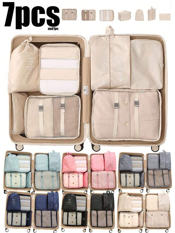 7 pièces/set Sac de rangement de voyage en polyester, organisateur de bagage à motif graphique minimaliste. Accessoire de voyage pour sac de rangement, sac cosmétique, organisateur de vacances, organisateur de maquillage grande capacité, pour rouge à lèvres, pinceau, soins de la peau, téléphone portable, monnaie, petits articles, pour la maison, les cadeaux, les vacances et les festivals d'Halloween et de Noël, à usage multifonctionnel. Indispensables de voyage bohème et essentiels de vacances.