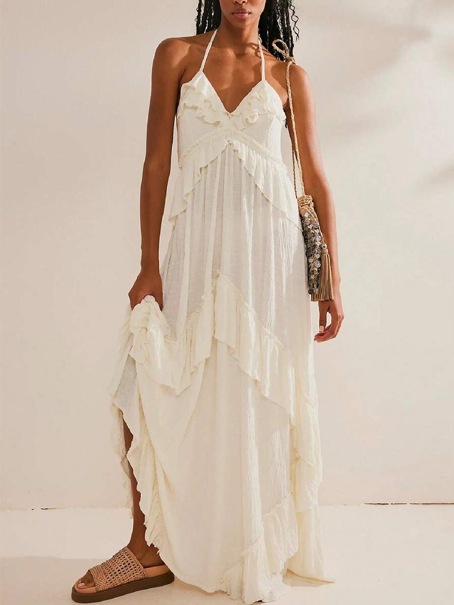 Women Y2K Summer Boho Long Dress Sleeveless Deep V Neck Halter Neck Layered Ruffle Maxi Dress Flowy Swing Beach Dress - 米色 - 查看 1
