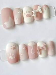 10pcs Handmade Trapezoid Fluffy Cat Claw Sugar Nail Covers, Cute Adorable Bow Nail Tips Set Press On Nails - Pink - View 2