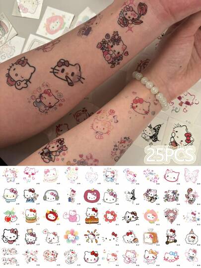 Sanrio Sanrio 25PCS Cute Cartoon Hello Kitty Temporary Tattoo Stickers, Cute Arm Tattoo Stickers, Waterproof And Long-Lasting Ins Style, Birthday Party Gifts,Christmas Temporary Tattoo Stickers Christmas Decorations